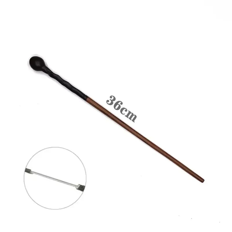 A long, thin black magic wand with a spherical tip and a wooden handle.