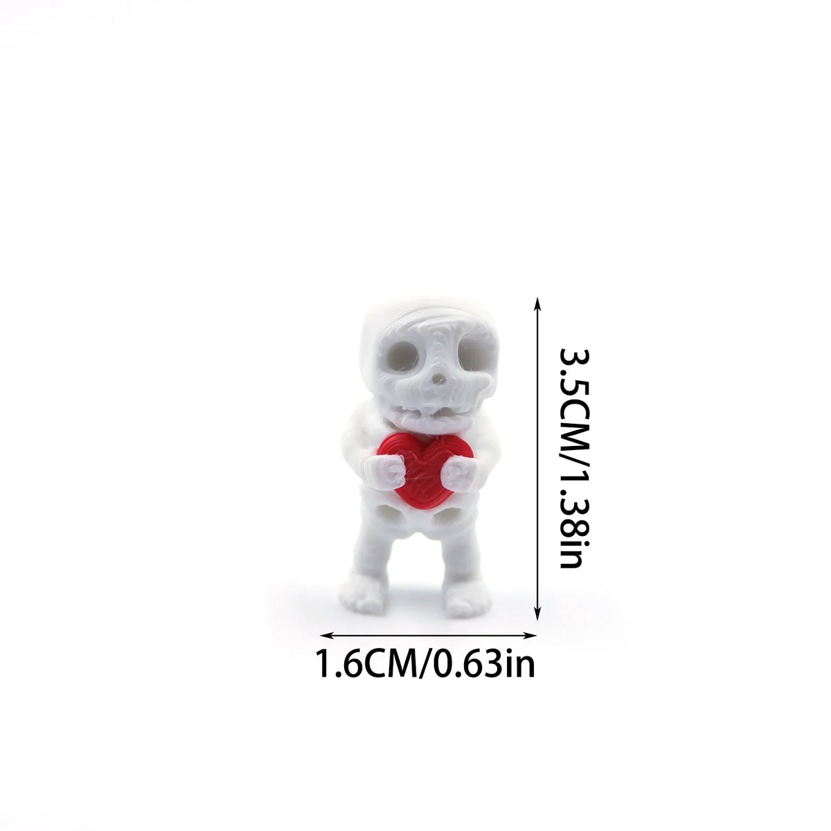 A white skull figurine with a red heart attached, shown against a white background.