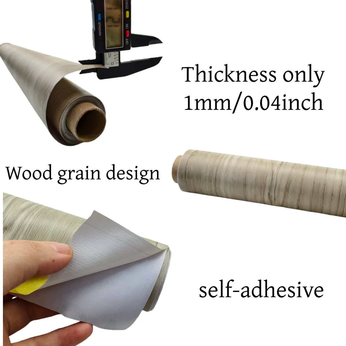 Roll of self-adhesive PVC wallpaper film with a wood grain design shown next to a thickness gauge.