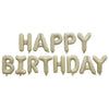 A set of thirteen foil letter balloons spelling out HAPPY BIRTHDAY