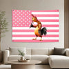 A pink and white striped tapestry featuring a stylized, movie-inspired chicken.