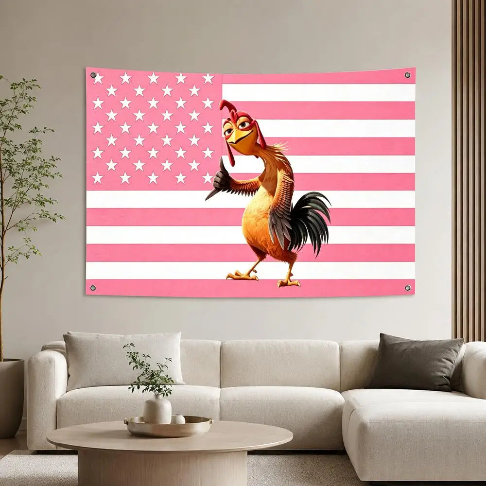A pink and white striped tapestry featuring a stylized, movie-inspired chicken.