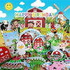 A colorful farm ranch birthday party decoration kit featuring a wooden barn backdrop, tableware, and balloons.