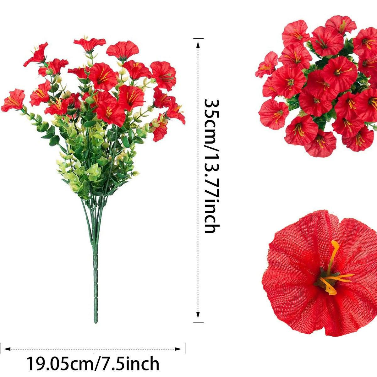 A bouquet of vibrant red artificial eucalyptus and morning glory flowers with a measurement scale.