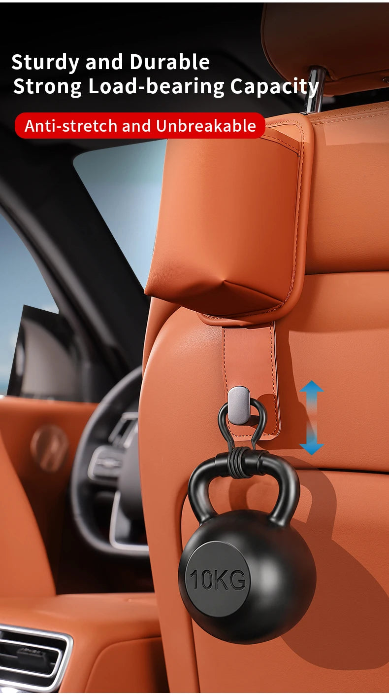 A black 10kg dumbbell is hanging from a leather car seat back organizer in an orange vehicle interior.