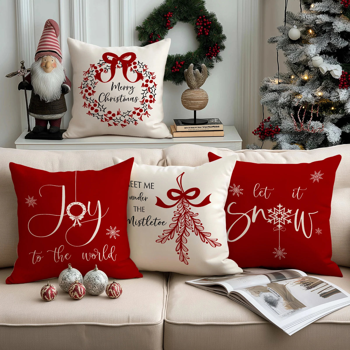 Red Christmas cushion covers featuring a bow and wreath design with Merry Christmas and Joy to the world text