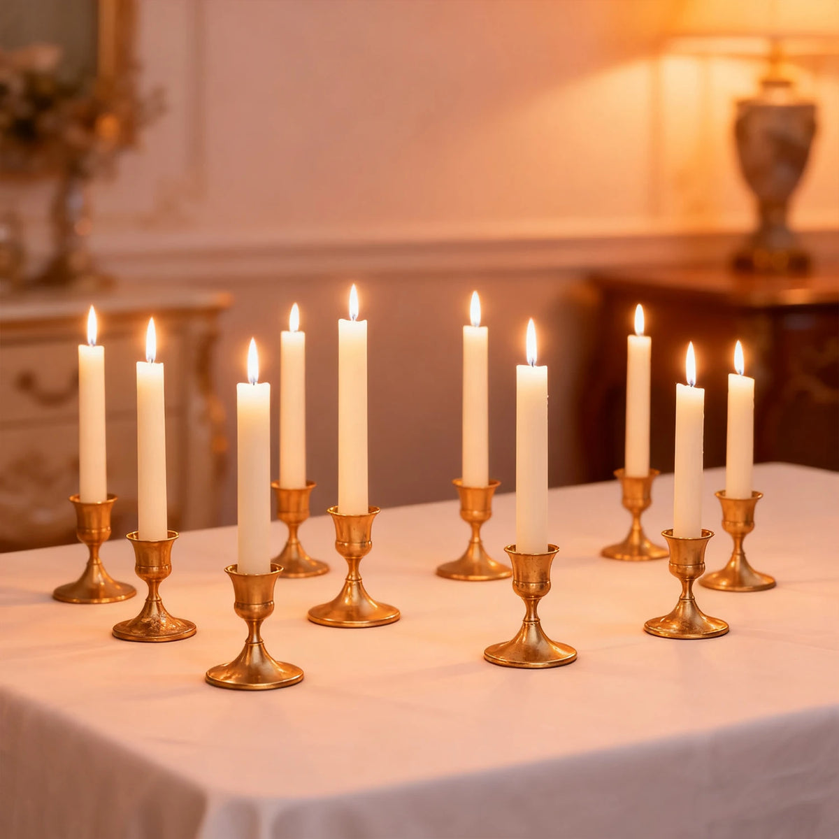 A row of tall white candles in gold candlesticks arranged on a white tablecloth.