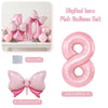 Pink balloon set featuring a large pink number eight balloon and a medium pink bow balloon