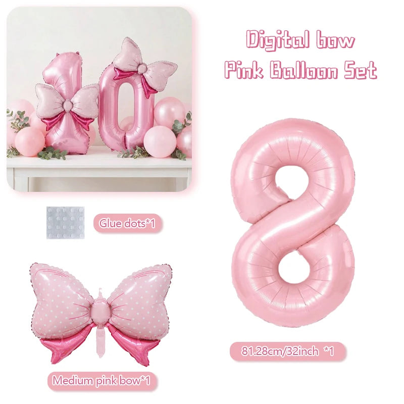 Pink balloon set featuring a large pink number eight balloon and a medium pink bow balloon
