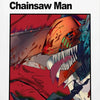 A manga cover illustration of Chainsaw Man featuring a character with sharp teeth and blood splatter against a dark backgroun