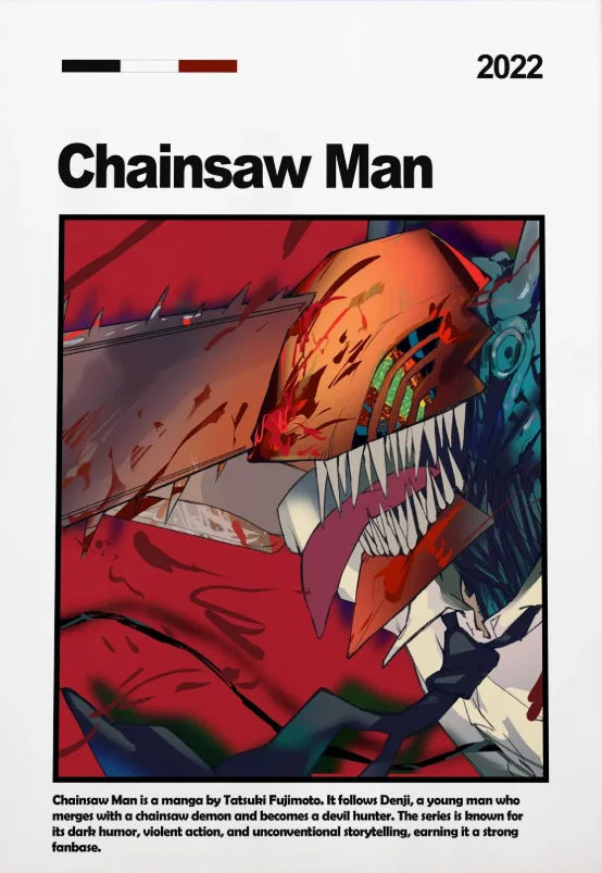 A manga cover illustration of Chainsaw Man featuring a character with sharp teeth and blood splatter against a dark backgroun