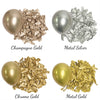 Four types of metallic latex balloons shown: Champagne Gold, Metal Silver, Chrome Gold, and Metal Gold.