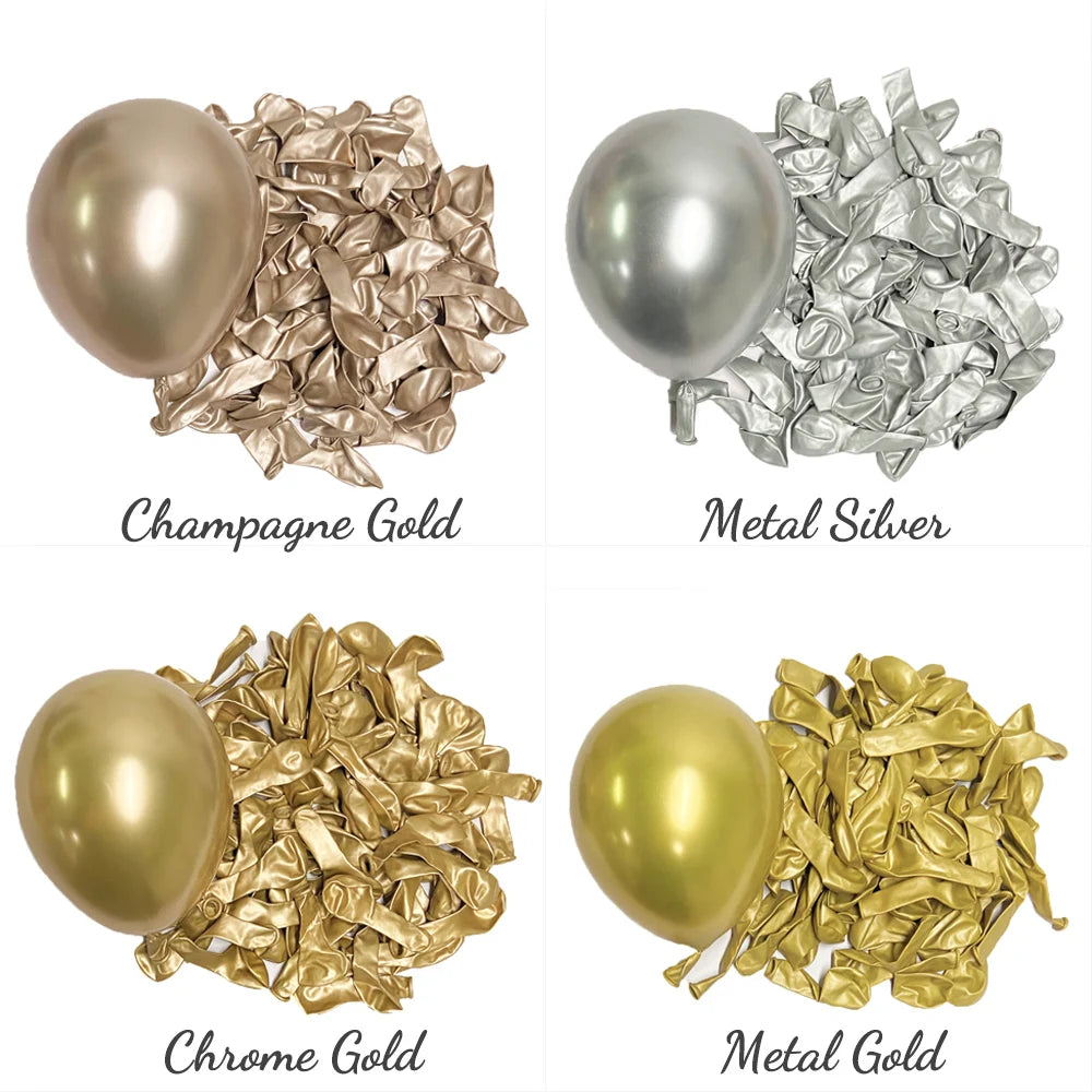 Four types of metallic latex balloons shown: Champagne Gold, Metal Silver, Chrome Gold, and Metal Gold.