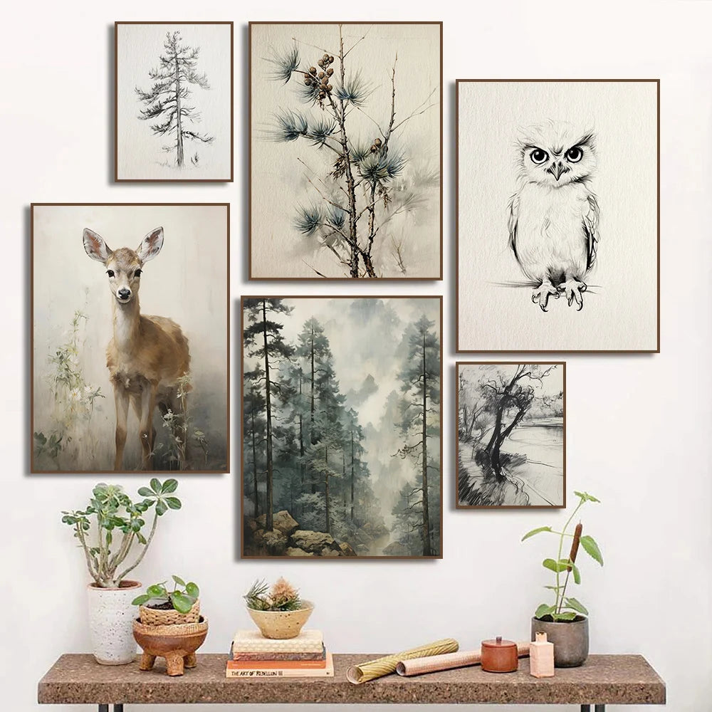 A collection of vintage forest animal canvas wall art featuring deer, owls, and woodland scenes.