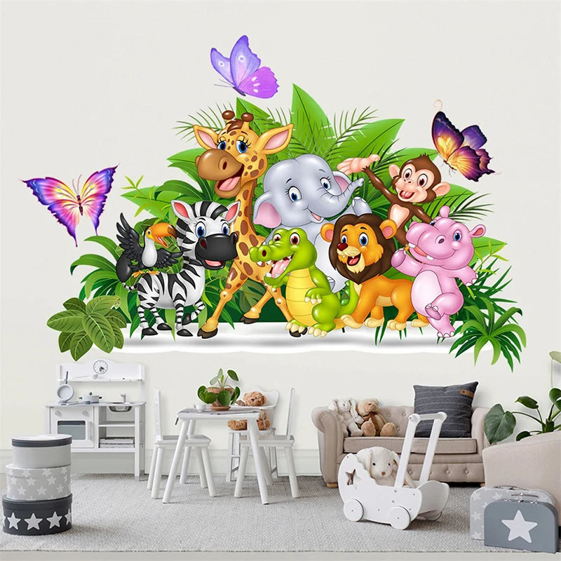 Niedliche Waldtier-Wandsticker mit verschiedenen Dschungel- und Safari-Tieren wie Giraffe, Elefant, Löwe und Affe