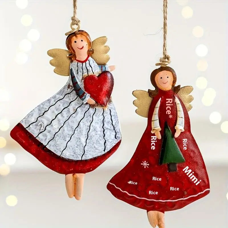 A set of four vintage wood angel ornaments with wings and Christmas tree designs hanging by twine.