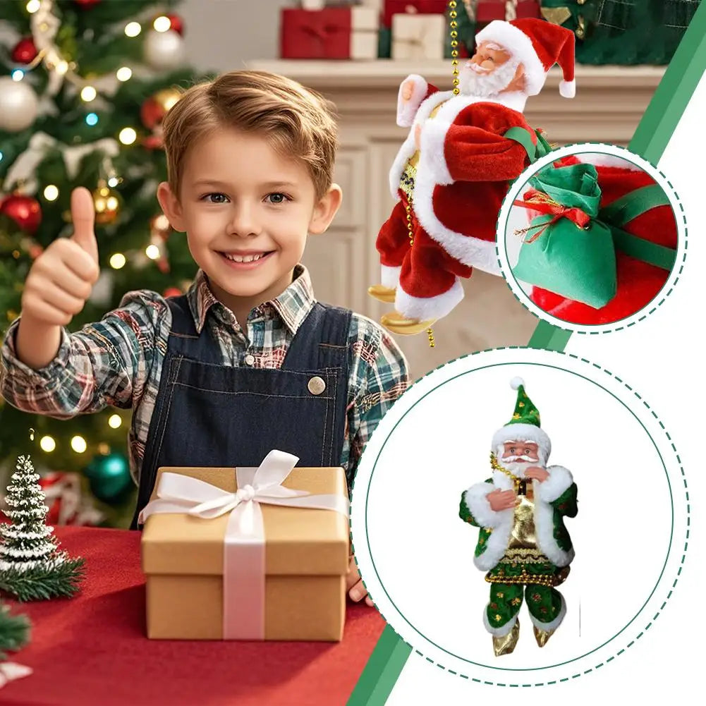 A smiling boy holds up a climbing Santa Claus decoration with lights next to a wrapped gift.