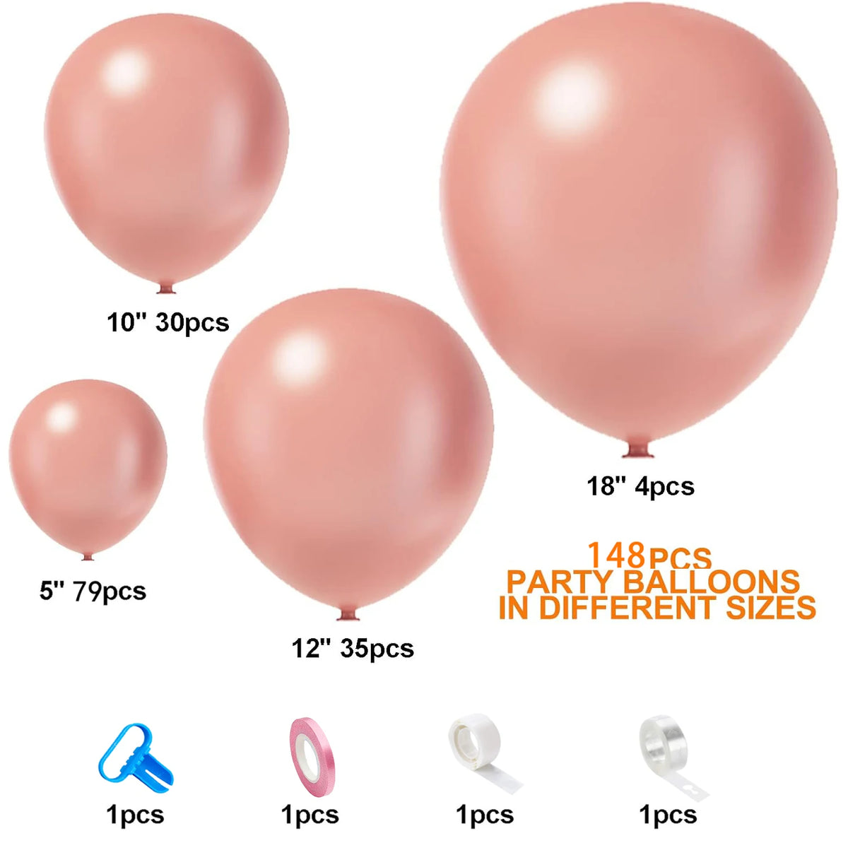 Pastellrosa Ballons in verschiedenen Größen, darunter 5, 10, 12 und 18 Zoll.