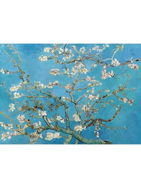 A painting of a flowering tree with light pink and white blossoms against a bright blue sky.