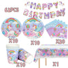 Unicorn themed birthday party supplies set including decorations, balloons, and tableware.