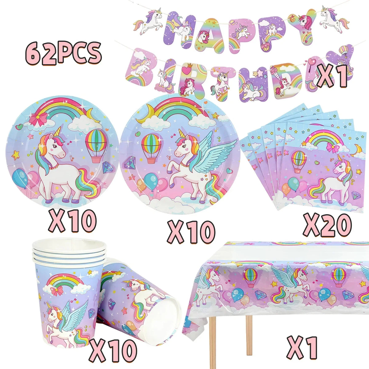 Unicorn themed birthday party supplies set including decorations, balloons, and tableware.
