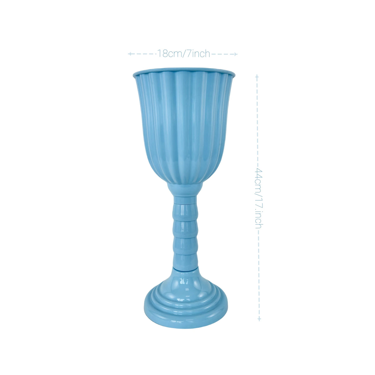 A light blue, elegant cylinder flower vase with a flared rim and a pedestal base.