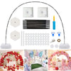 A kit for creating a decorative balloon arch featuring various balloons and tools.