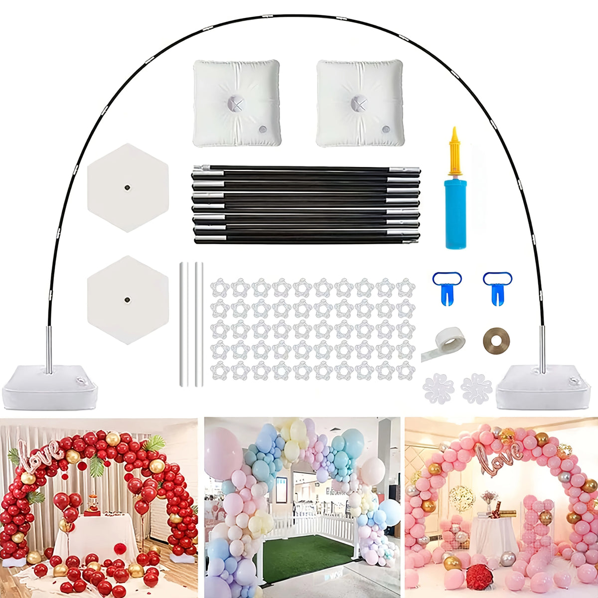 A kit for creating a decorative balloon arch featuring various balloons and tools.