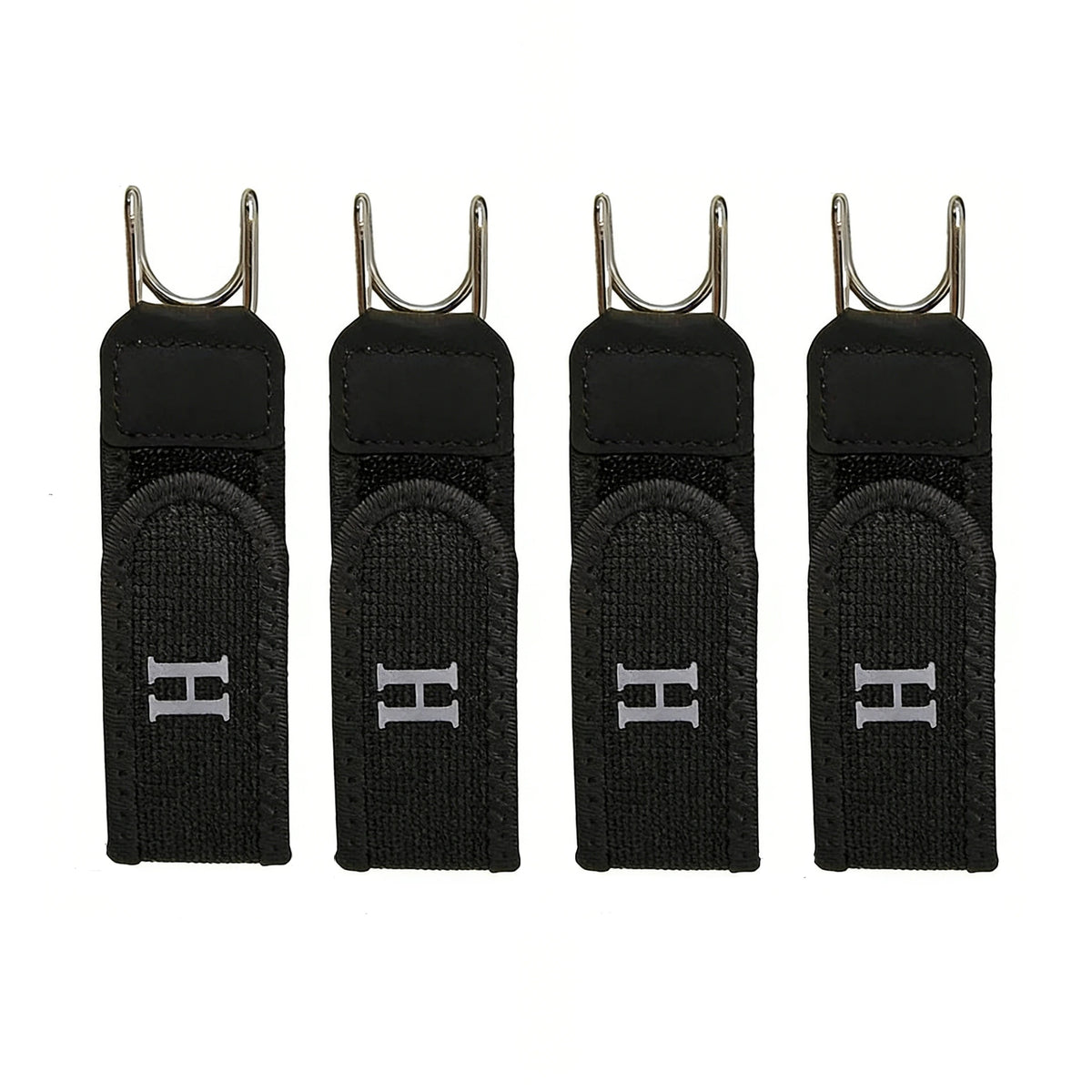 Four black lazy belts with metal hooks and elastic waistbands displayed side by side.