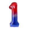 A red and blue foil balloon shaped like the number one with a spiderweb pattern.