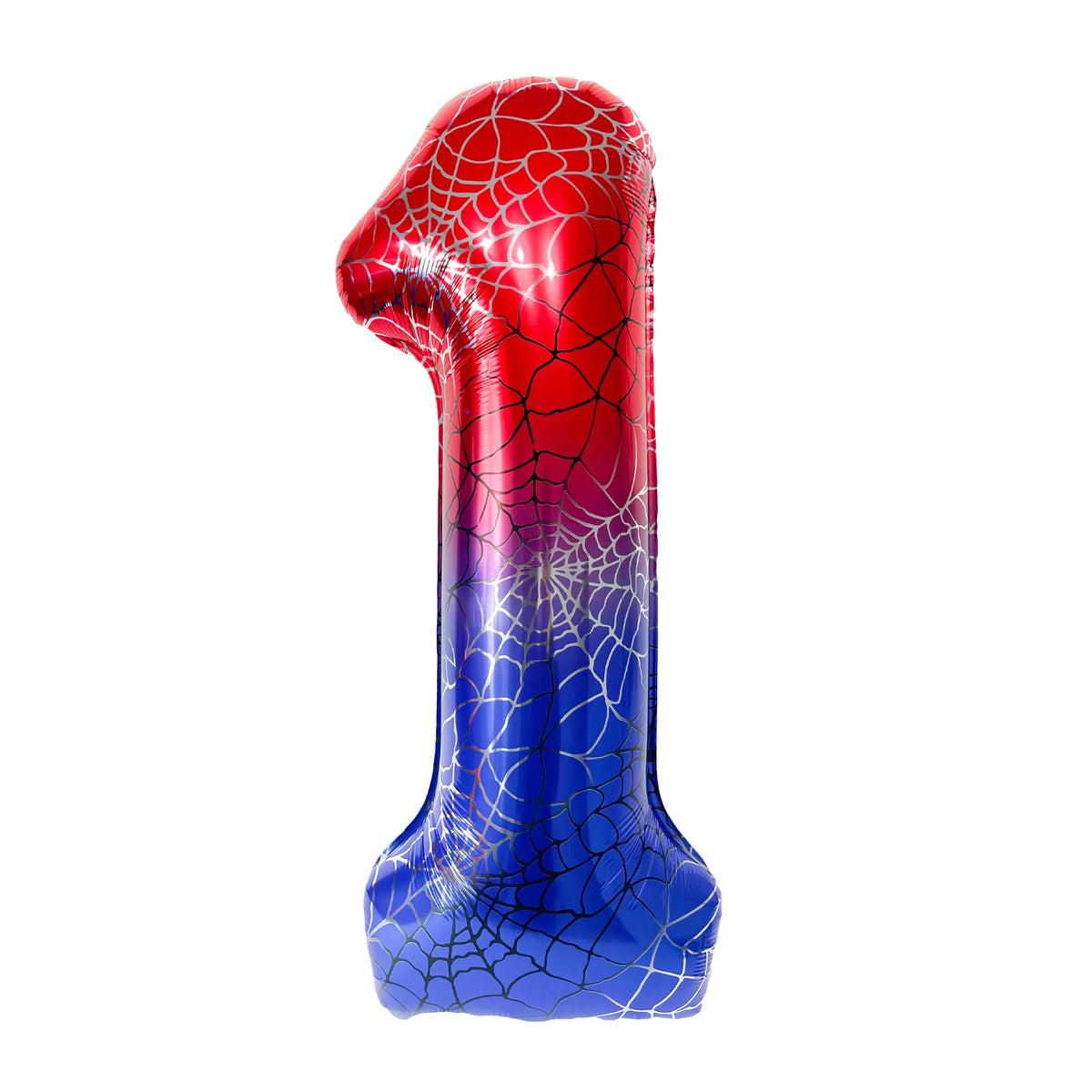 A red and blue foil balloon shaped like the number one with a spiderweb pattern.