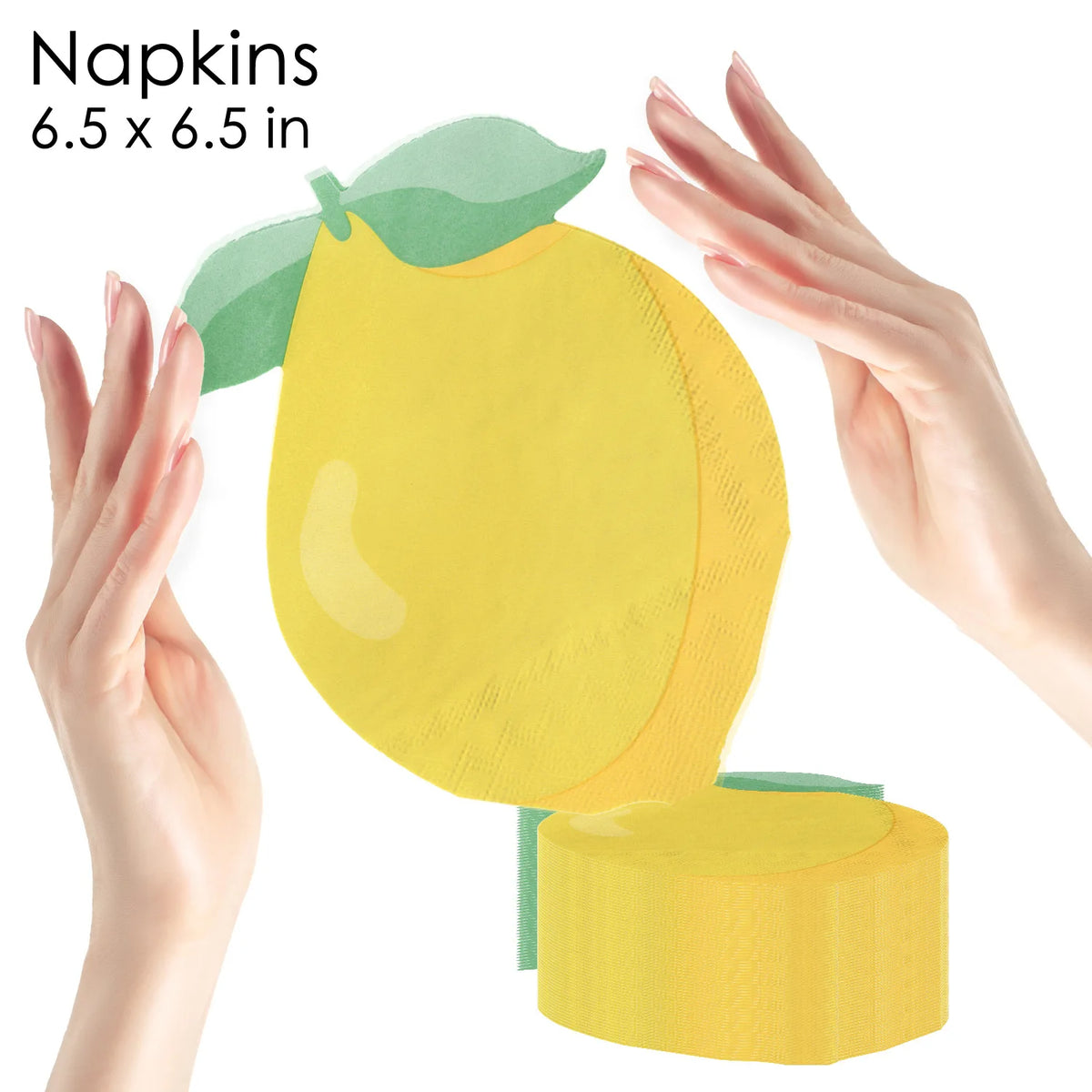 Yellow lemon-shaped disposable cocktail napkins being held by hands