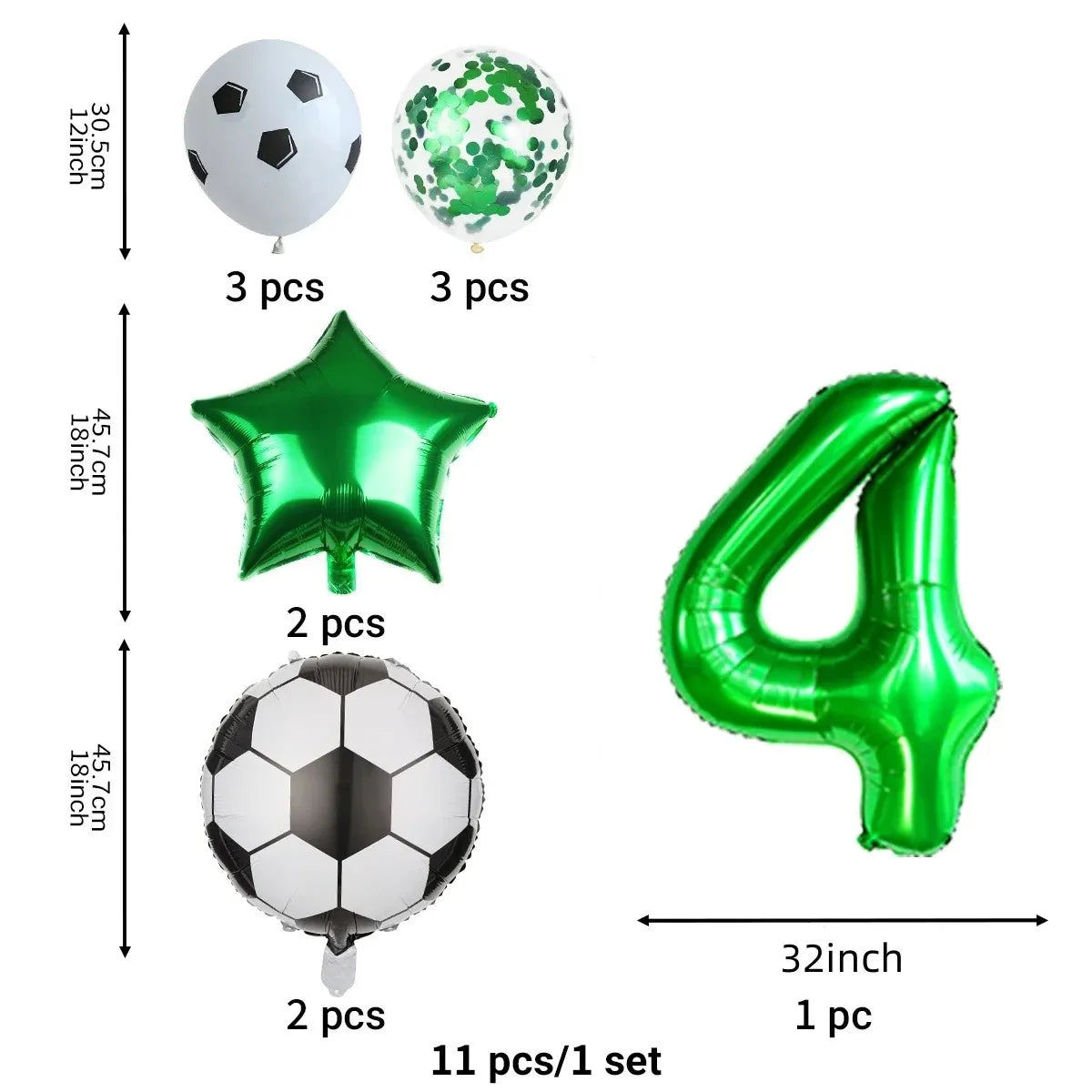 A set of green and silver balloons including a star-shaped balloon, a soccer ball balloon, and a large number four balloon.