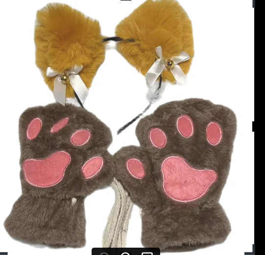 Pair of brown fuzzy cat paw gloves with pink pads and decorative white ribbons.