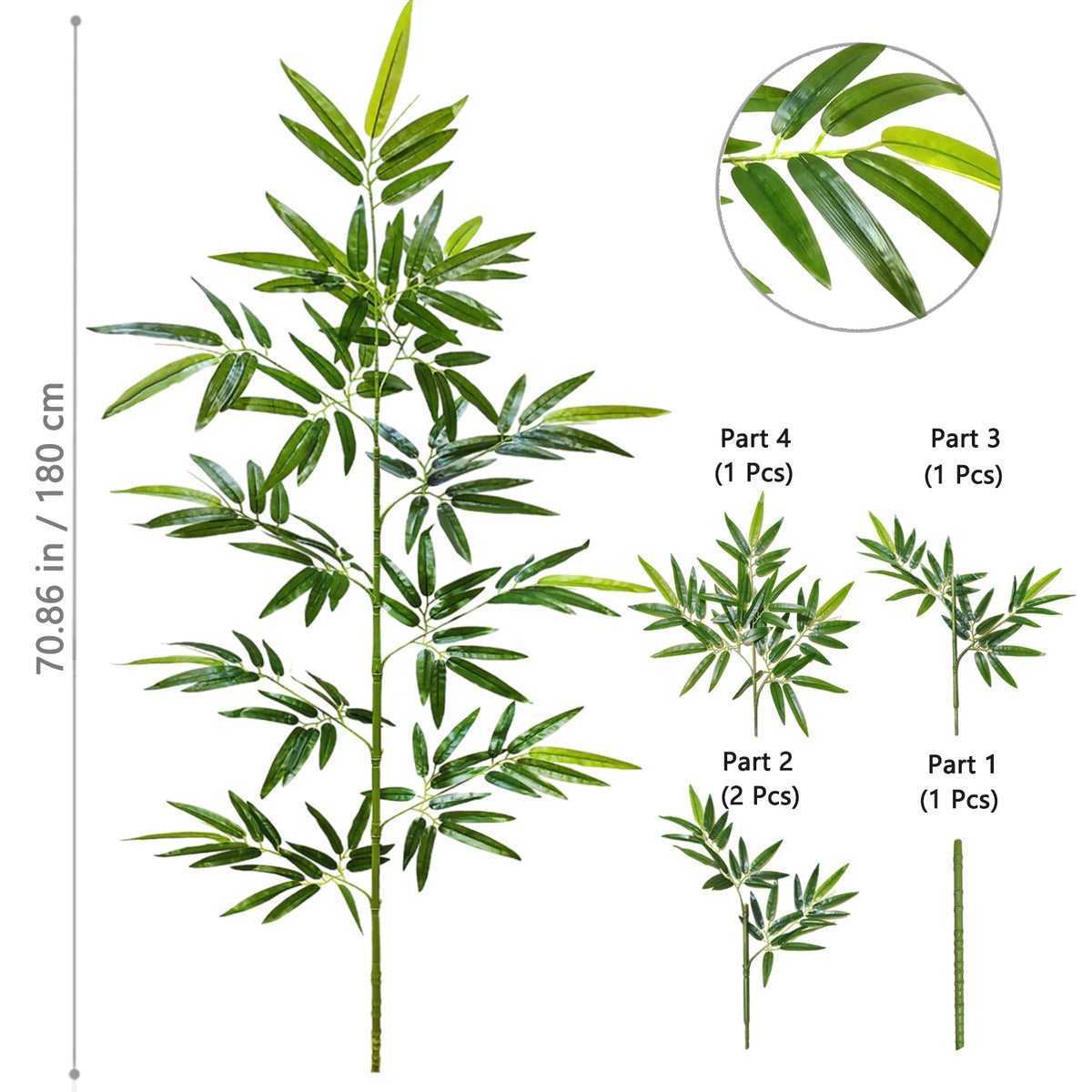 Artificial bamboo branch with green leaves shown in various parts and a close-up view.