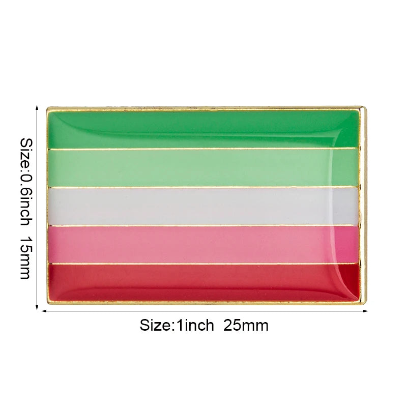 A rectangular lapel pin featuring five horizontal stripes of green, white, pink, and red.