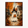 A vintage-style poster depicting a white ghost with a witch hat and an orange pumpkin standing in an autumn countryside setti