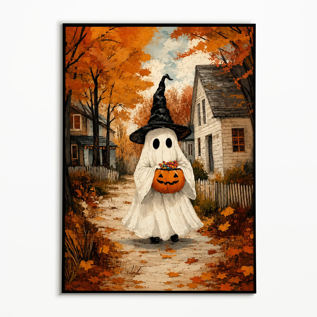 A vintage-style poster depicting a white ghost with a witch hat and an orange pumpkin standing in an autumn countryside setti