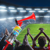 A red air pressure horn is held up by a crowd during a sports event celebration.