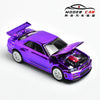 A diecast model of a Nissan GTR R34 in a vibrant purple electroplated finish, shown with the hood open.