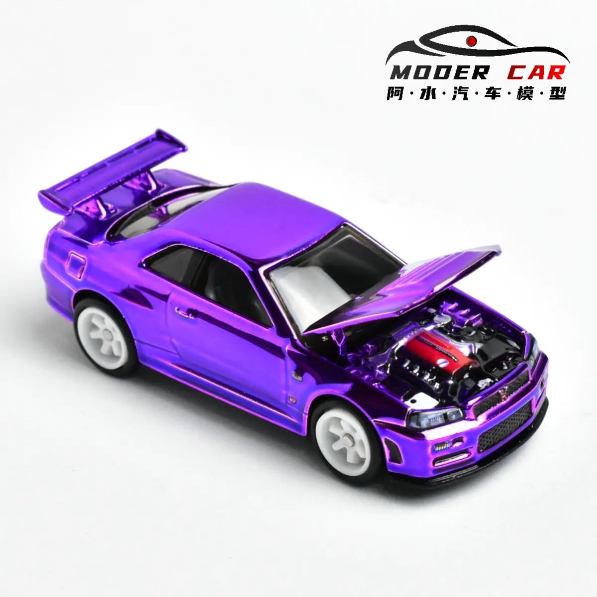 A diecast model of a Nissan GTR R34 in a vibrant purple electroplated finish, shown with the hood open.