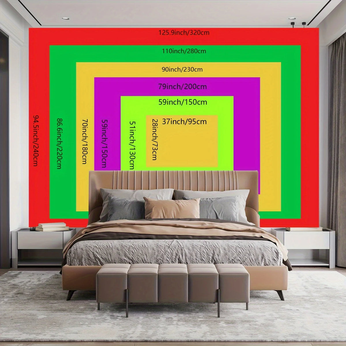 A luxury wall hanging featuring a golden tapestry with vibrant color blocks and a modern bed setting.