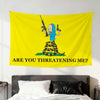 A yellow flag featuring a cartoon depiction of Beavis and Butt-Head asking Are you threatening me?