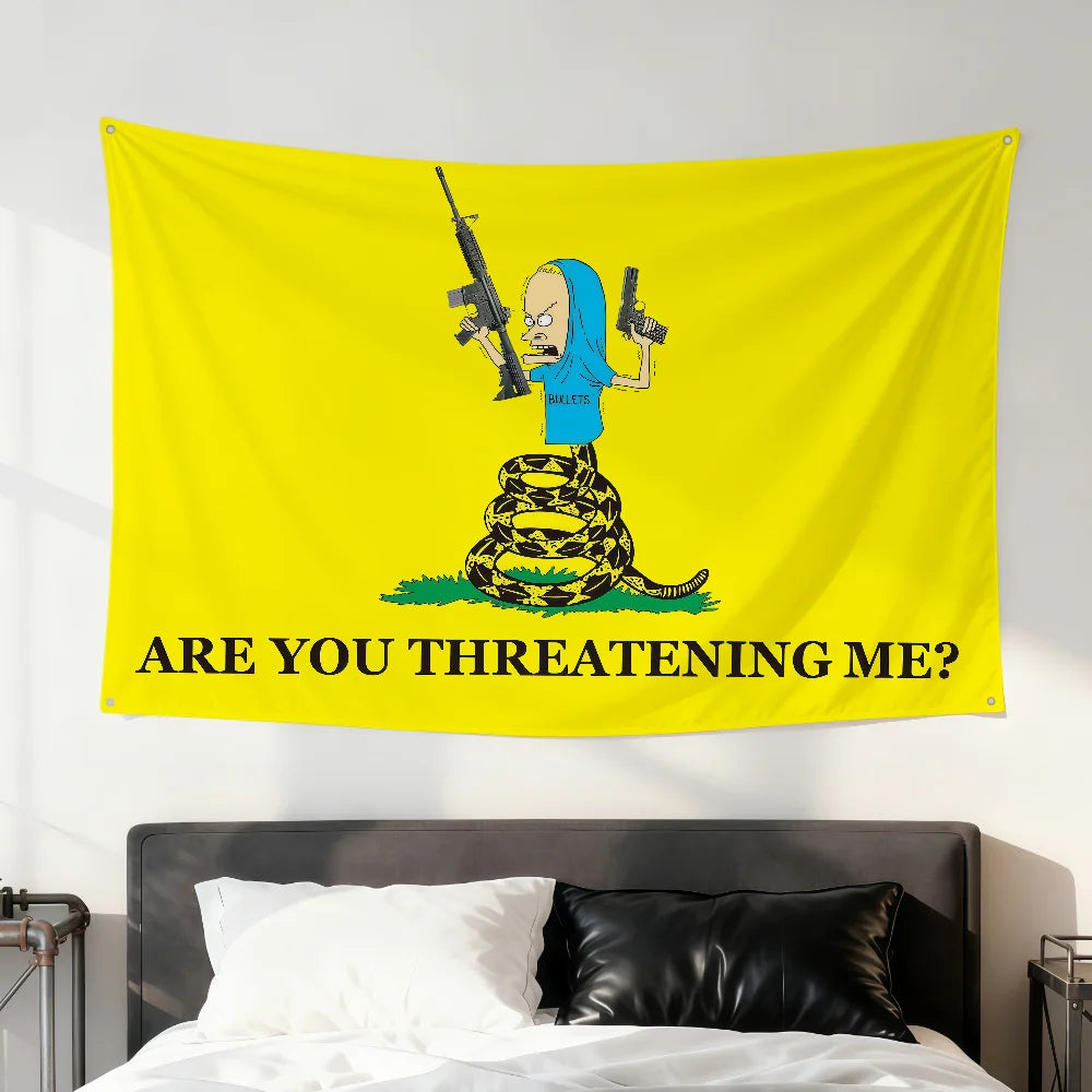 A yellow flag featuring a cartoon depiction of Beavis and Butt-Head asking Are you threatening me?