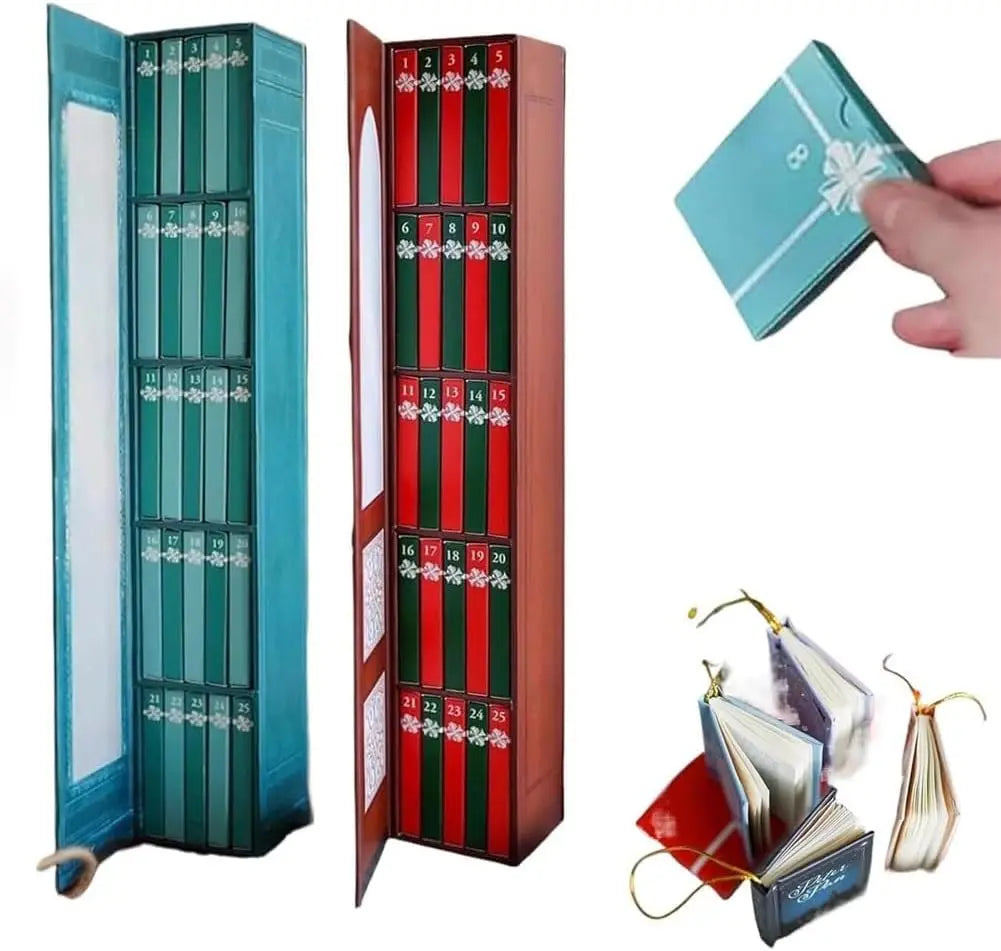 A vertical advent calendar box featuring a green and red theme with numbered compartments and decorative ornaments.