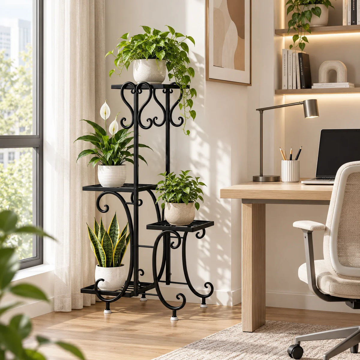 A black metal 4-tier plant stand holding various green potted plants in a bright indoor setting.