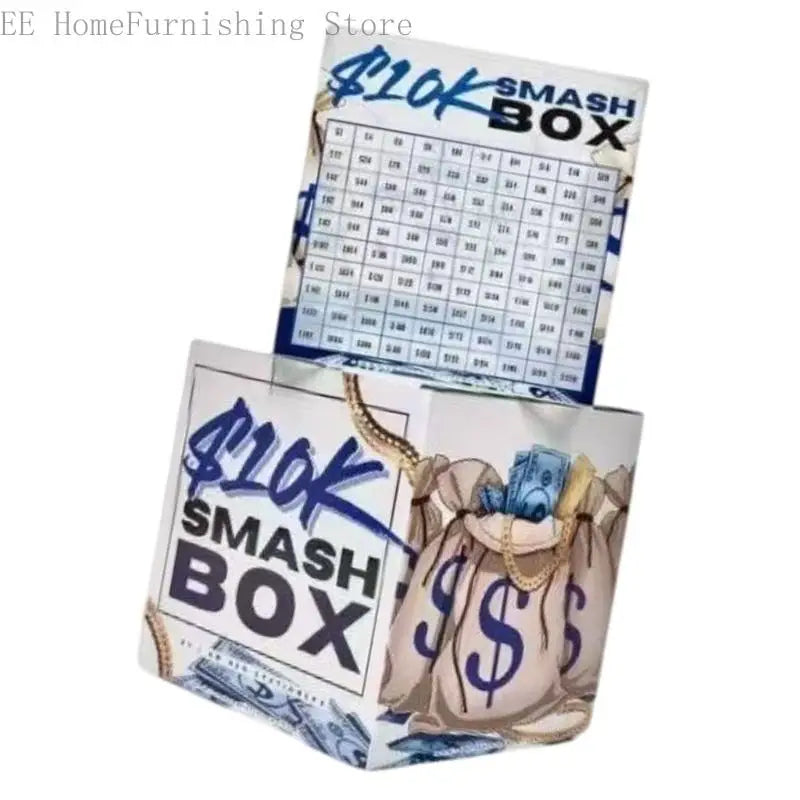 A box labeled $10k SMASH BOX with a grid pattern and a decorative drawstring design.