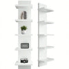 A modern white five-tier vertical wall shelf with various items displayed on the shelves.
