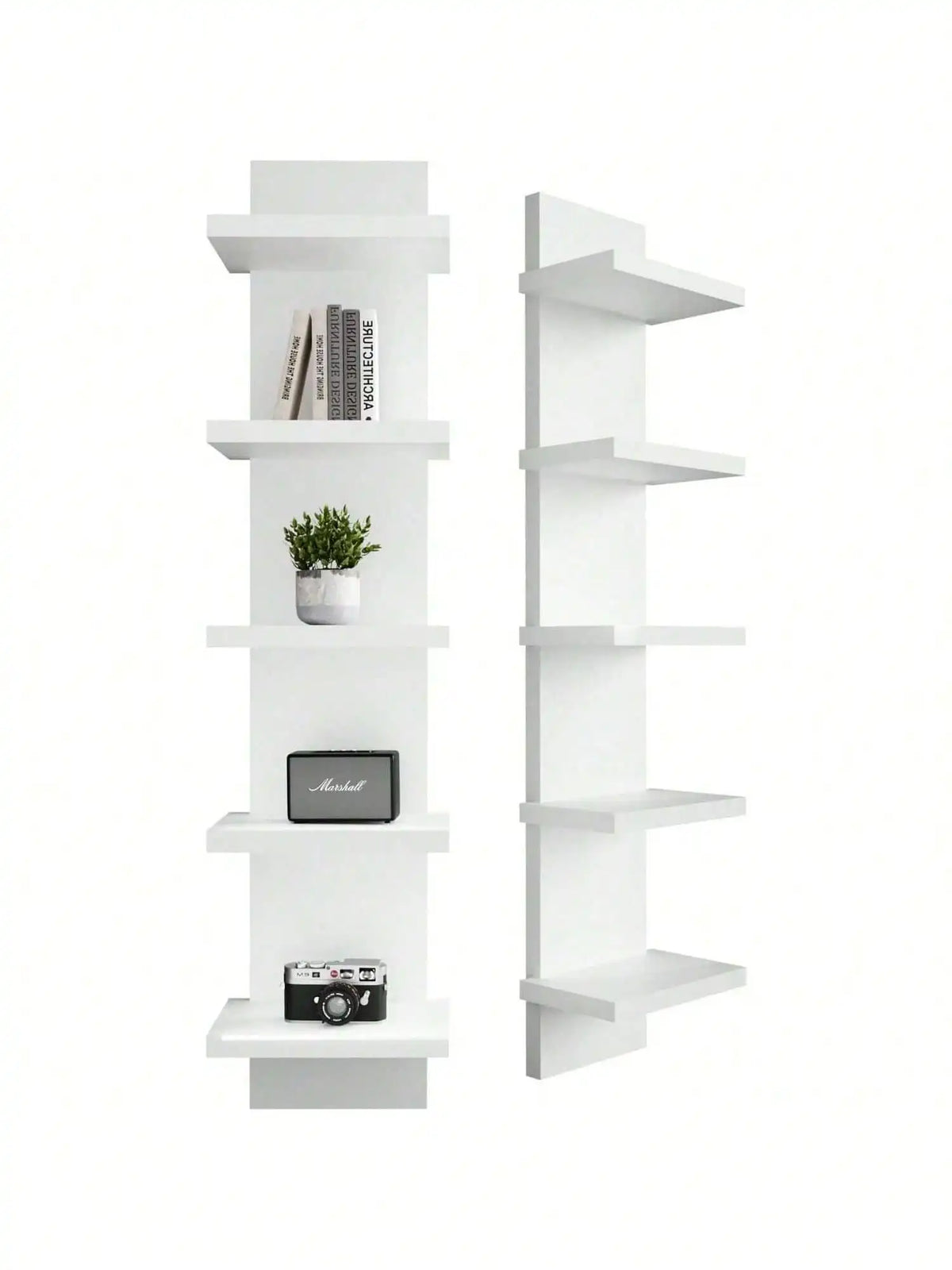 A modern white five-tier vertical wall shelf with various items displayed on the shelves.