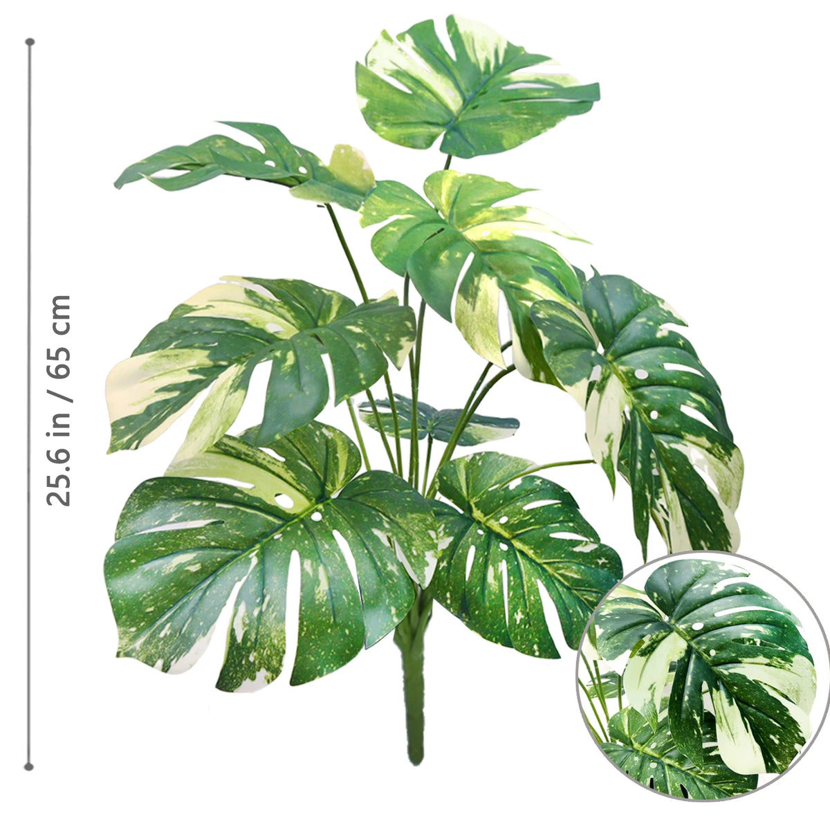 Artificial Monstera plant with silk green and white leaves shown in a vertical arrangement.